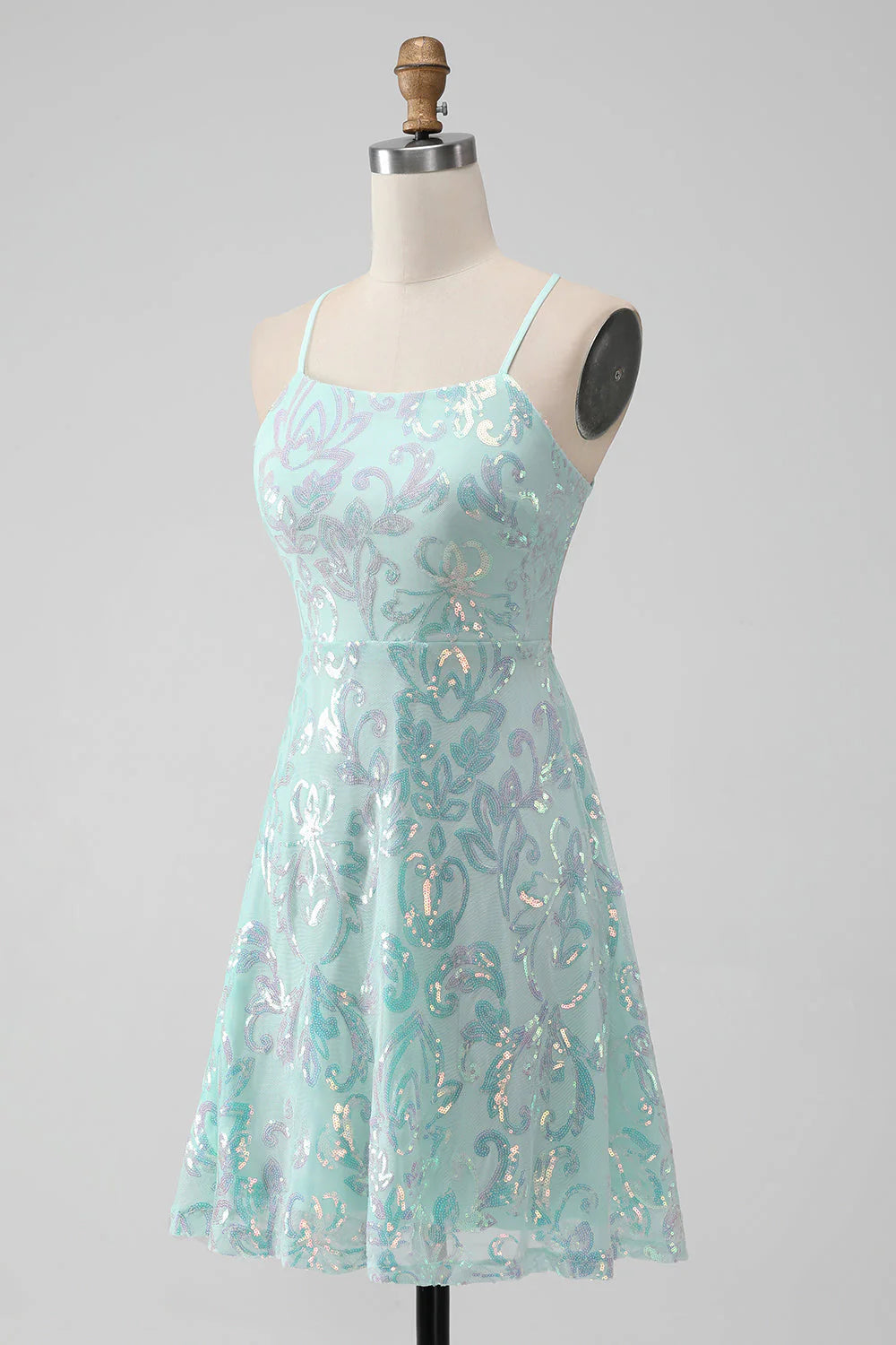 Mint A Line Sequins Short Homecoming Dress with Lace up Back