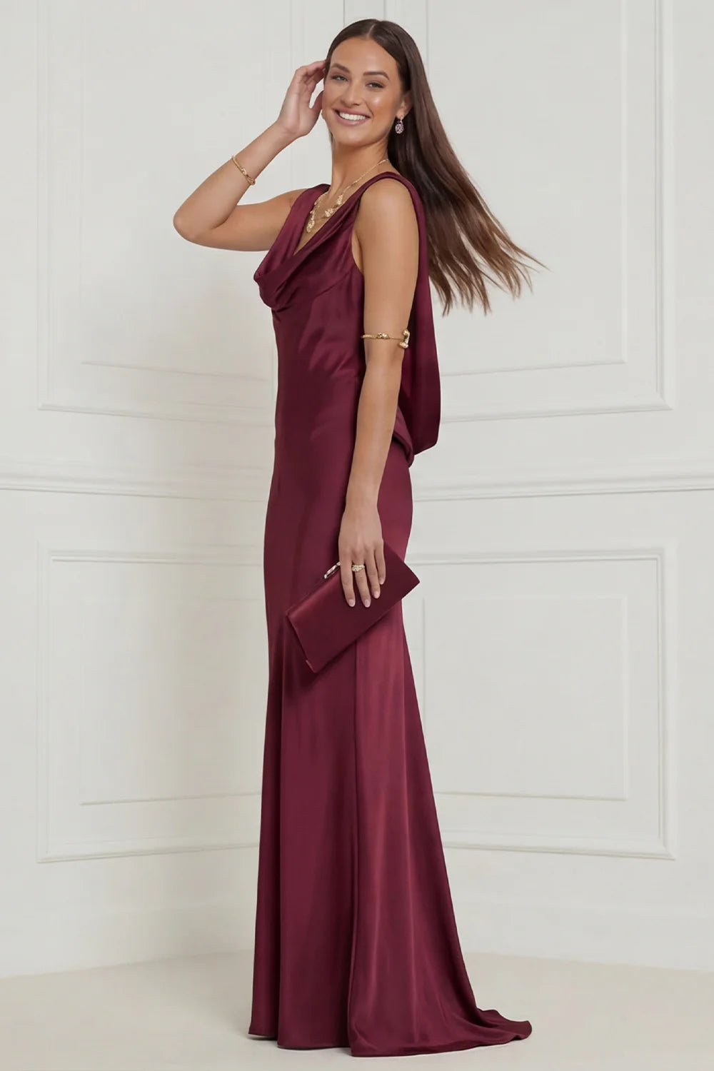Champagne Mermaid Cowl Neck Satin Maxi Dress