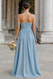 Dusty Blue Strapless Chiffon A Line Long Bridesmaid Dress