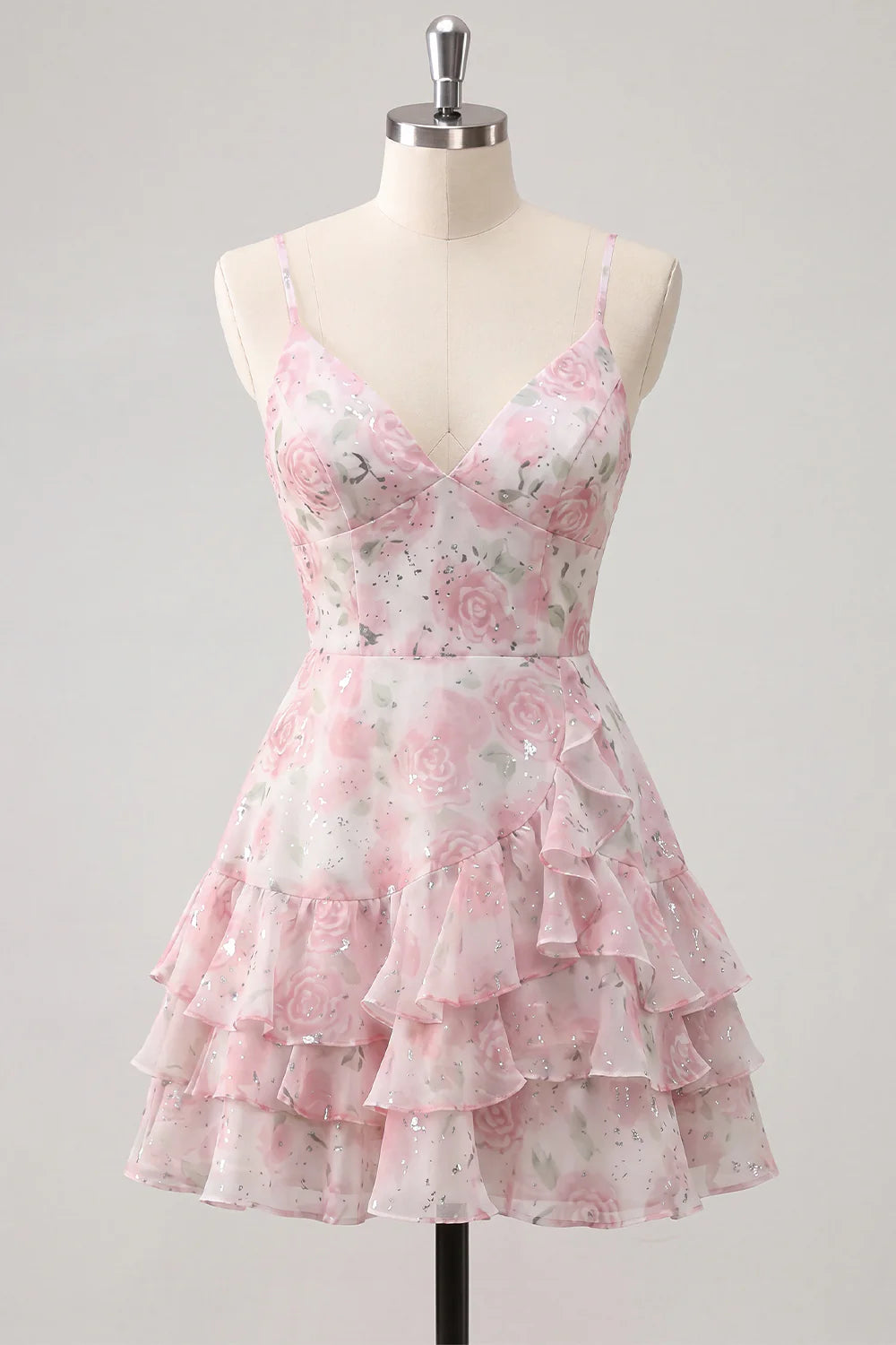 Floral Light Green Tiered Ruffle A Line Short Homecoming Dress