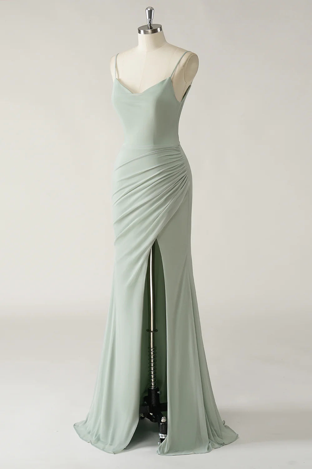 Dark Green Mermaid Spaghetti Straps Chiffon Ruched Long Bridesmaid Dress with Slit