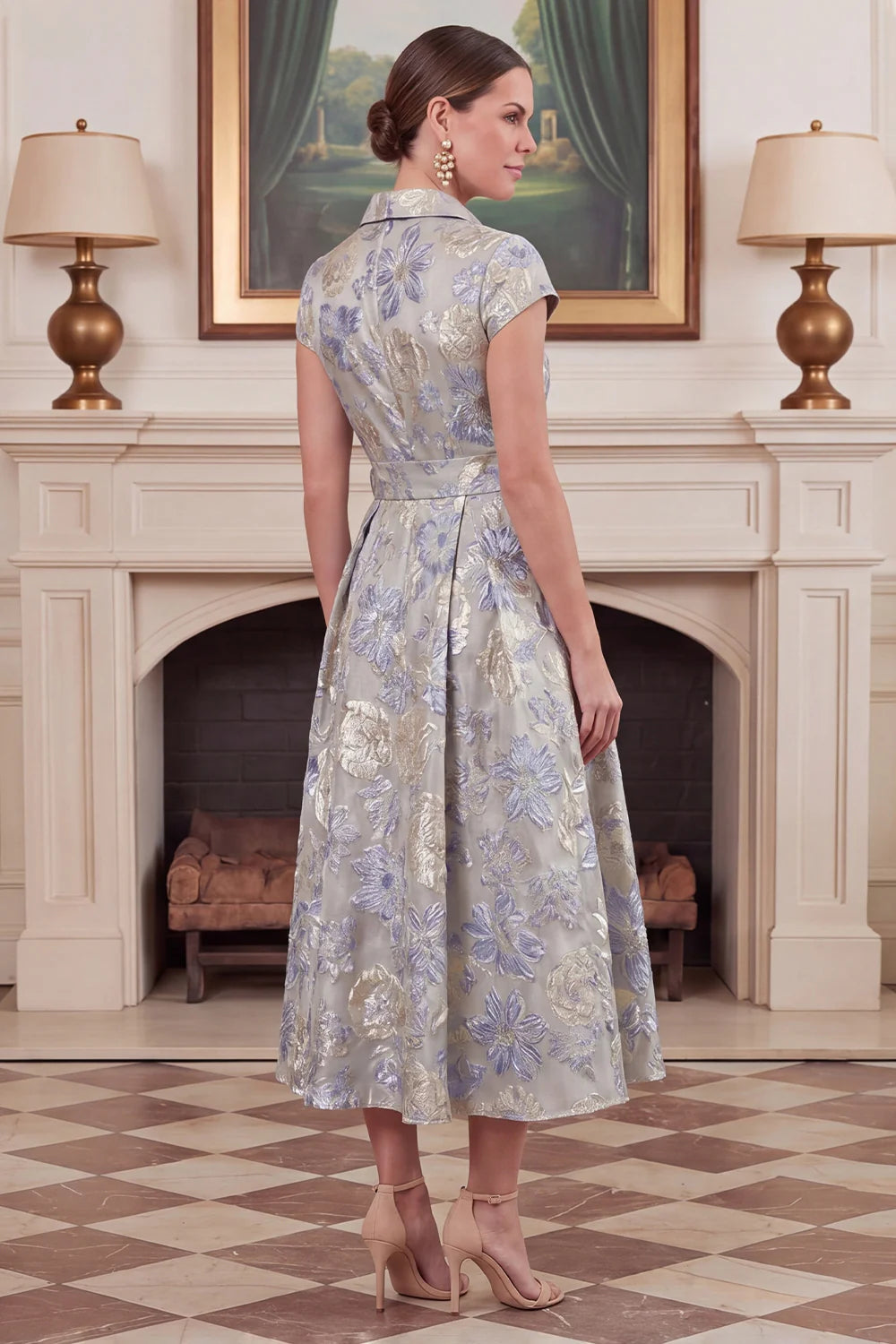 Dusty Blue A Line Floral Jacquard Midi Mother of the Bride Dress with Short Sleeves