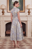 Dusty Blue A Line Floral Jacquard Midi Mother of the Bride Dress with Short Sleeves