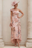 One Shoulder Dusty Rose Floral A Line Mother of the Bride Dress with Slit