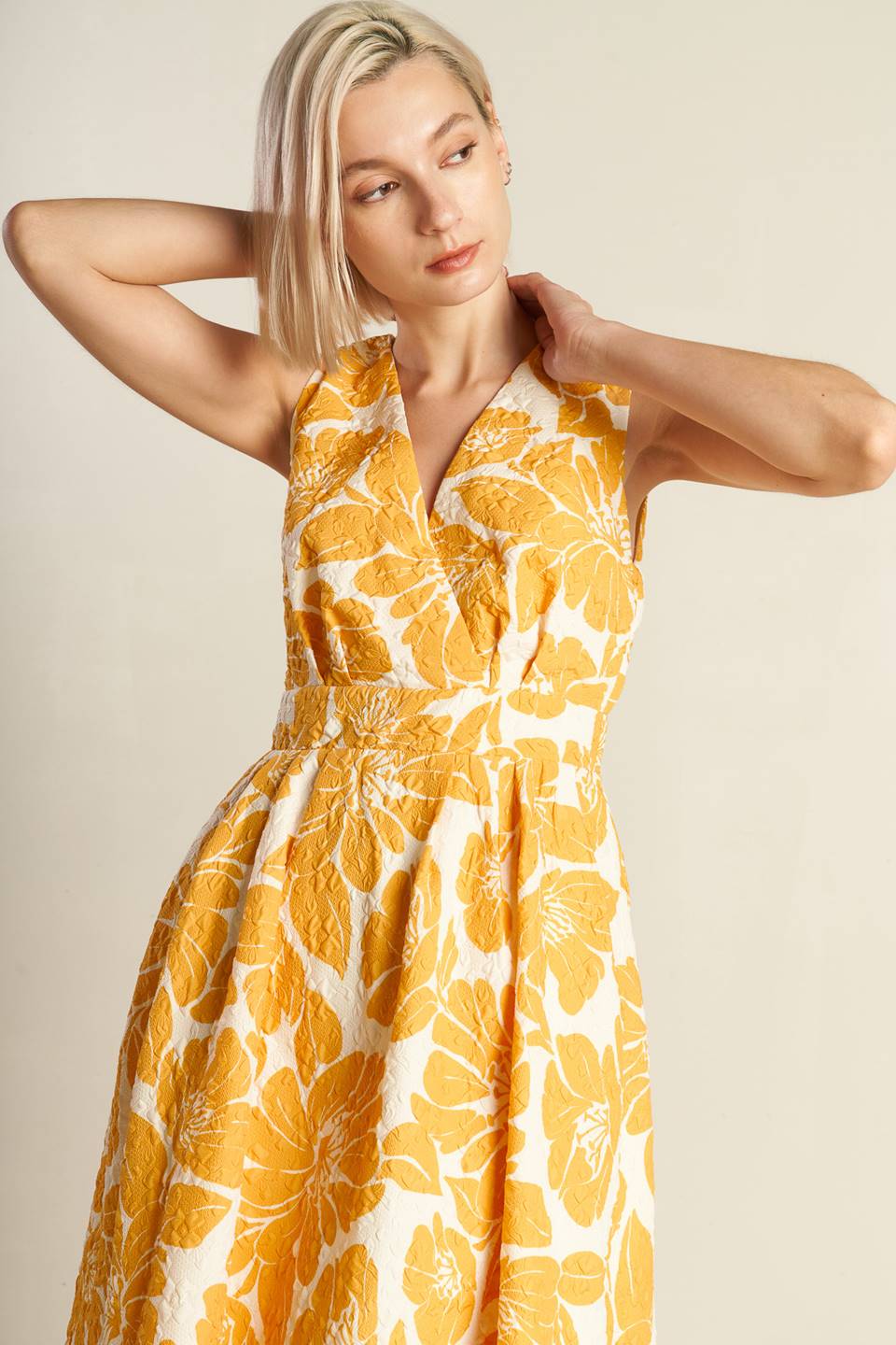 BOLD BLOOMS MUSTARD YELLOW MIDI DRESS
