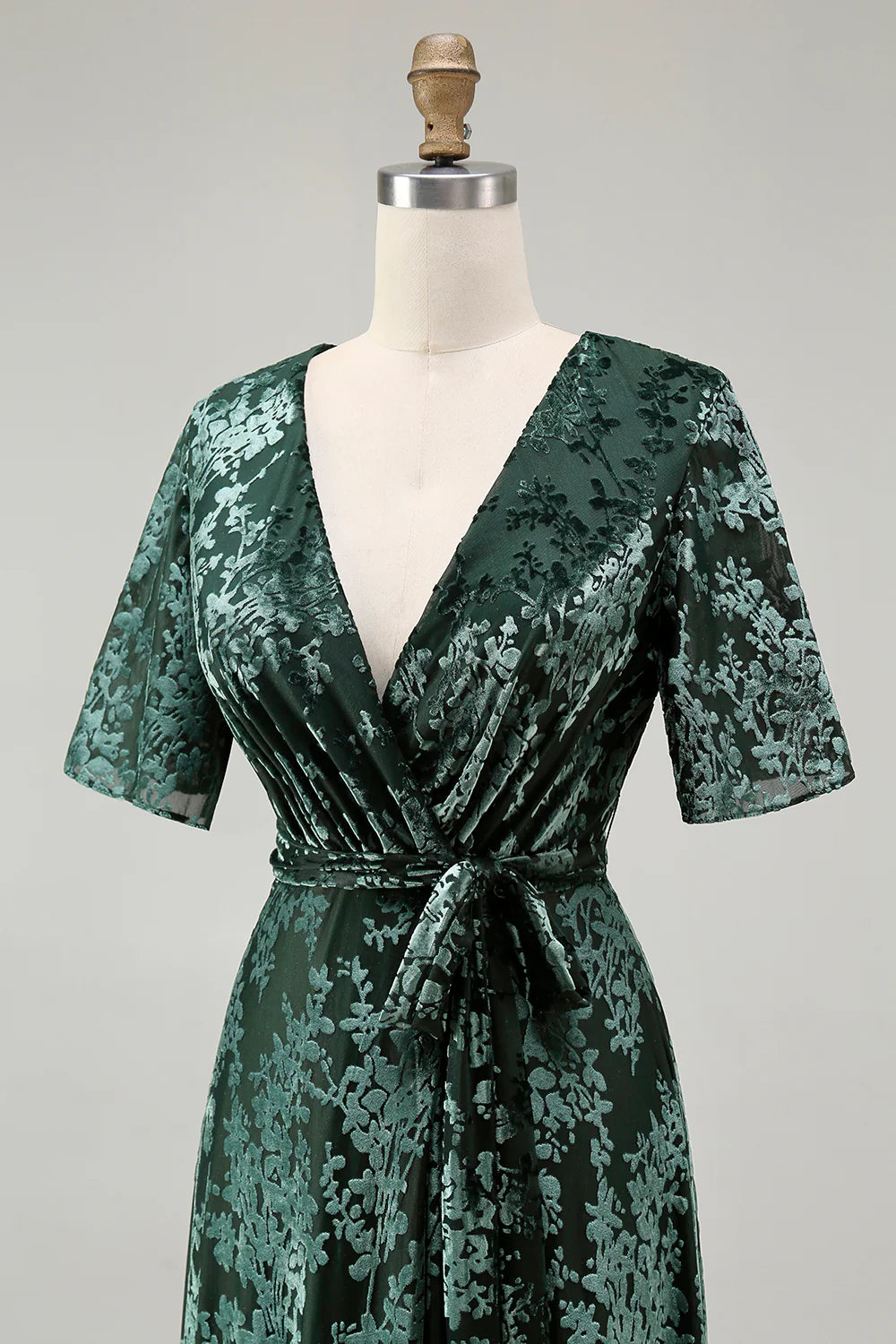 A Line V Neck Dark Green Burnout Velvet Floor Length Dress with Short Sleeves