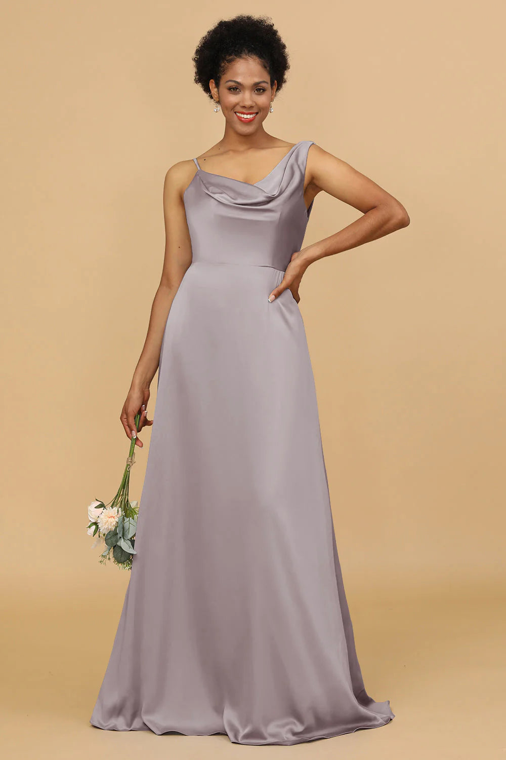 A Line Asymmetrical Neck Satin Floor Length Bridesmaid Dress