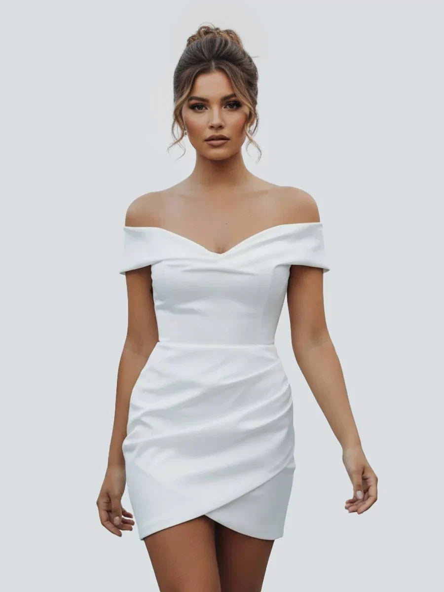 Sheath Off the Shoulder Satin Simple Wedding Dress Sleeveless Short Hemline