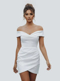 Sheath Off the Shoulder Satin Simple Wedding Dress Sleeveless Short Hemline