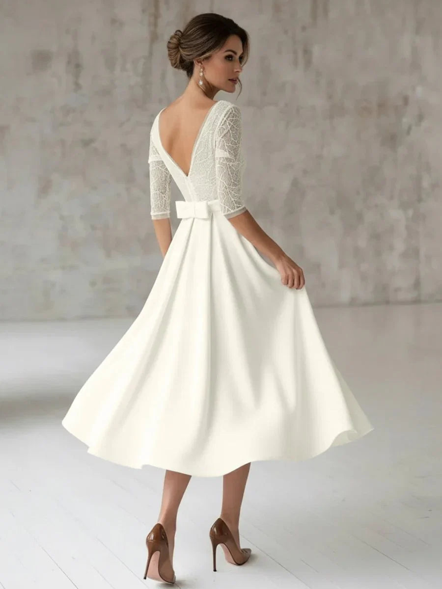 Satin V neck A Line Tea length Wedding Dress with Ruching and Sash