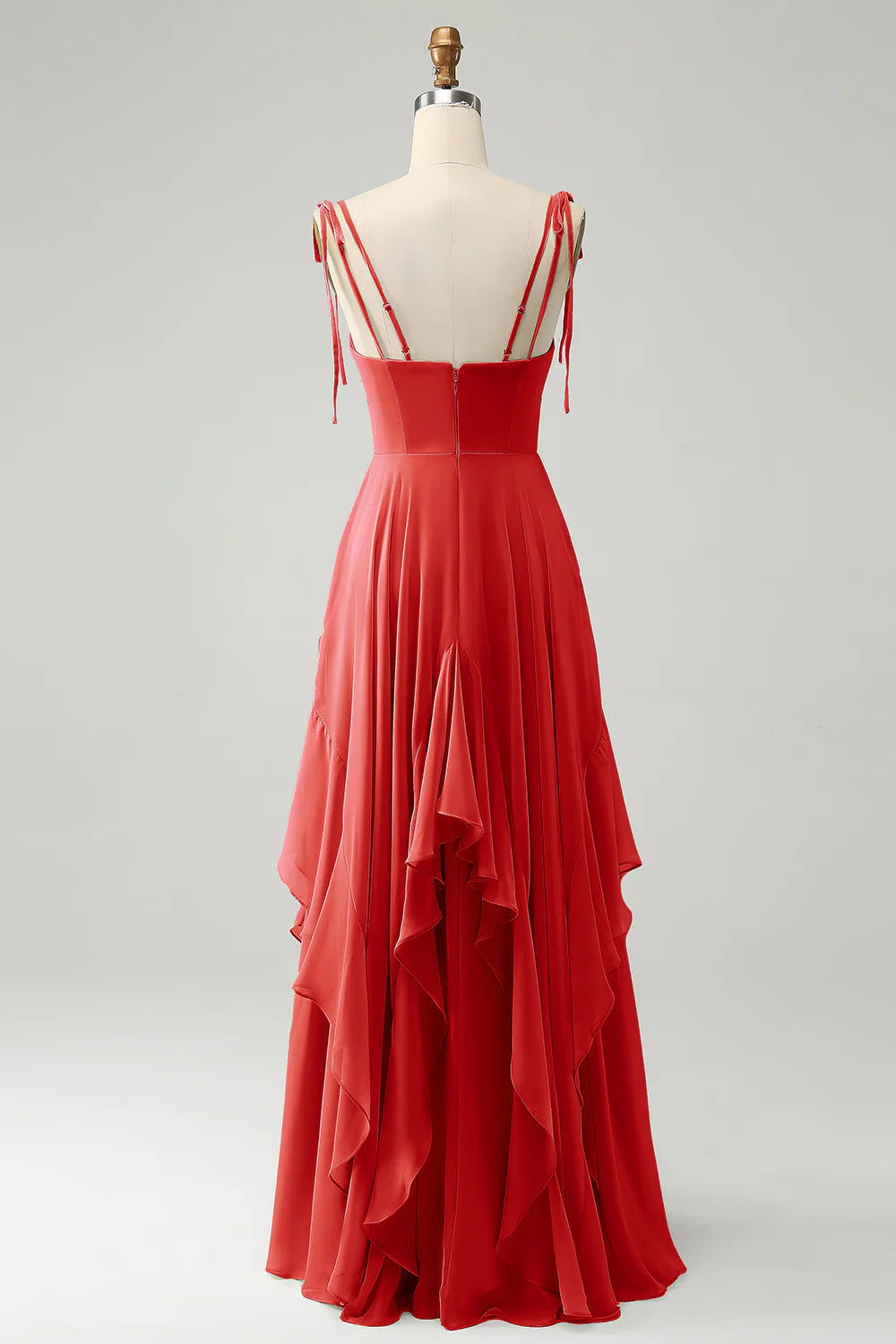 A Line Spaghetti Straps Chiffon Long Bridesmaid Dress with Ruffles
