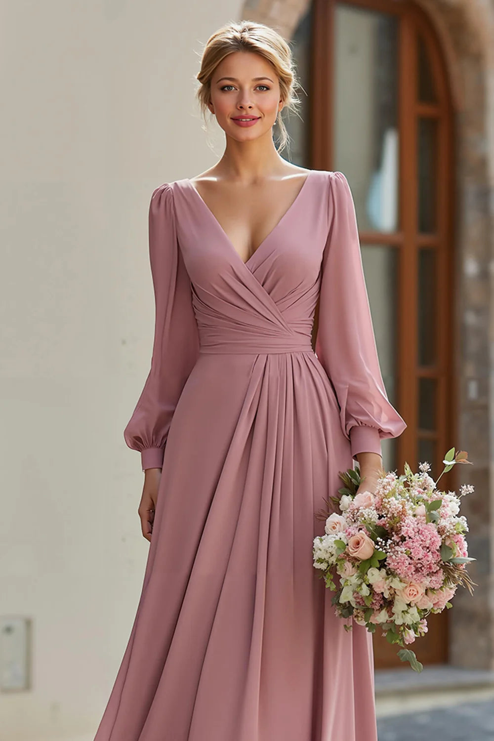 Elegant Vintage Mauve A Line V Neck Long Sleeves Bridesmaid Dress