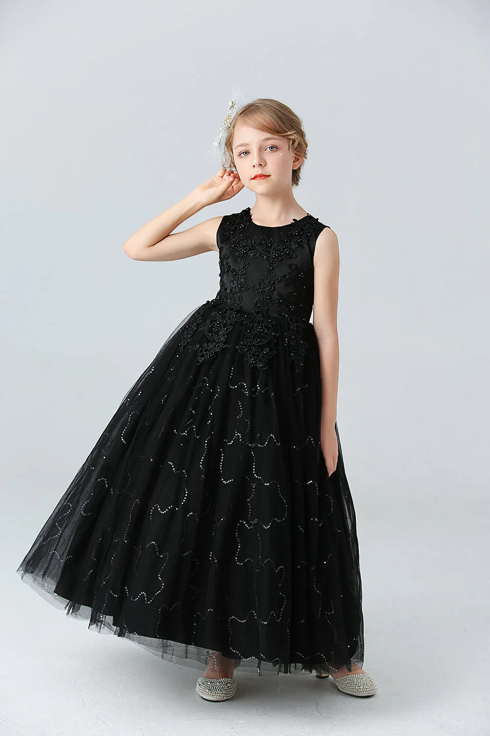 White A Line Beaded Tulle Flower Girl Dress With Appliques