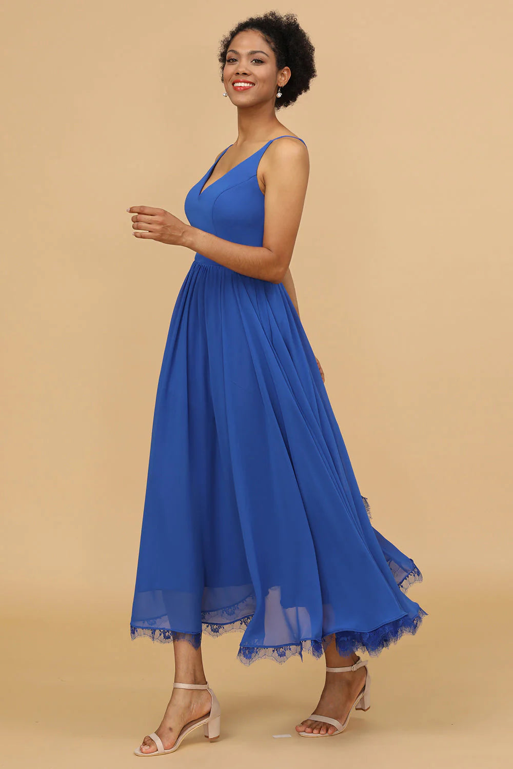 Royal Blue A Line Spaghetti Straps Long Chiffon Bridesmaid Dress with Ruffles