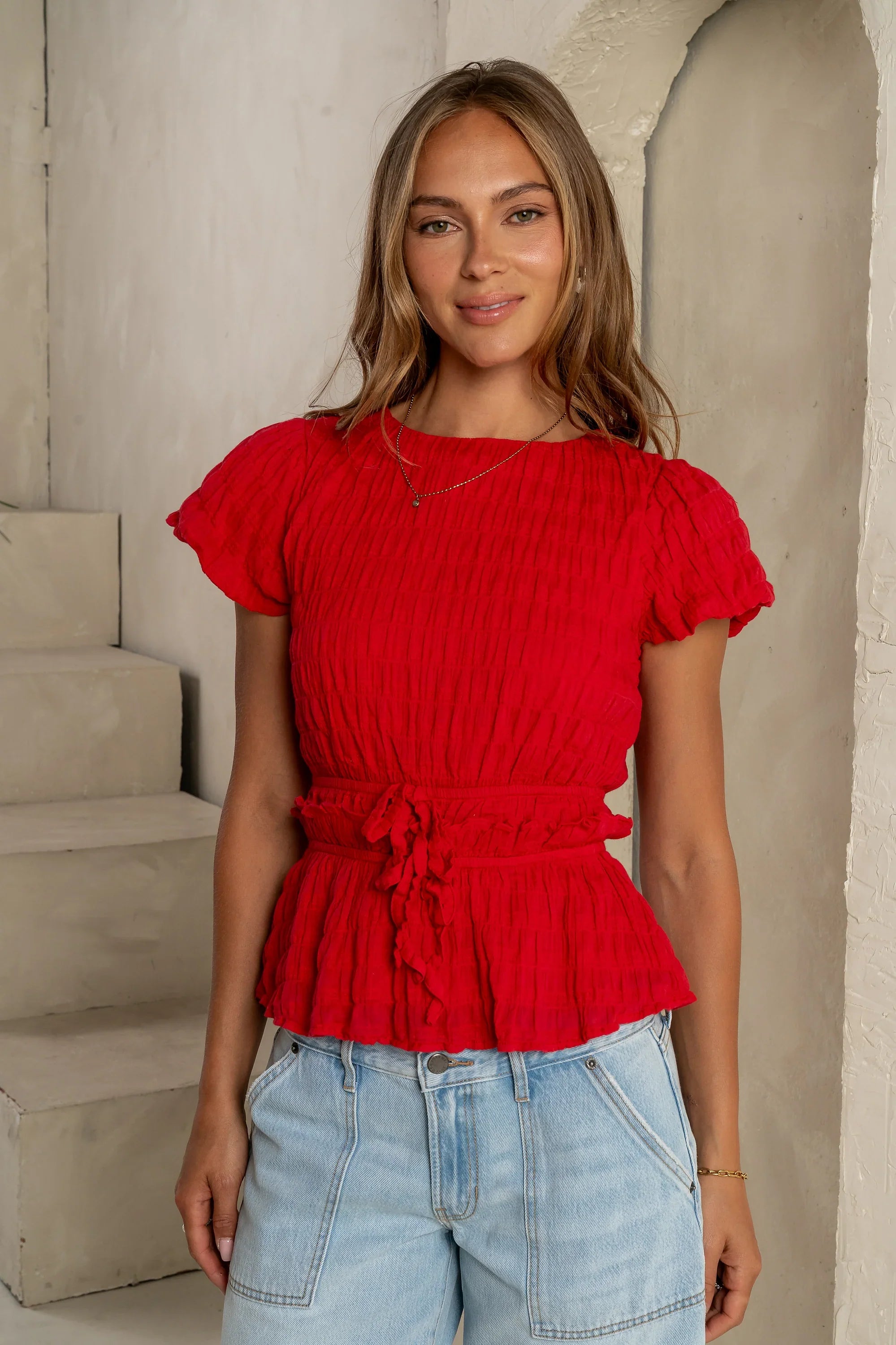 Anya Textured Blouse in Red FINAL SALE