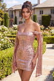 Sparkly Champagne Off the Shoulder Bodycon Homecoming Dress