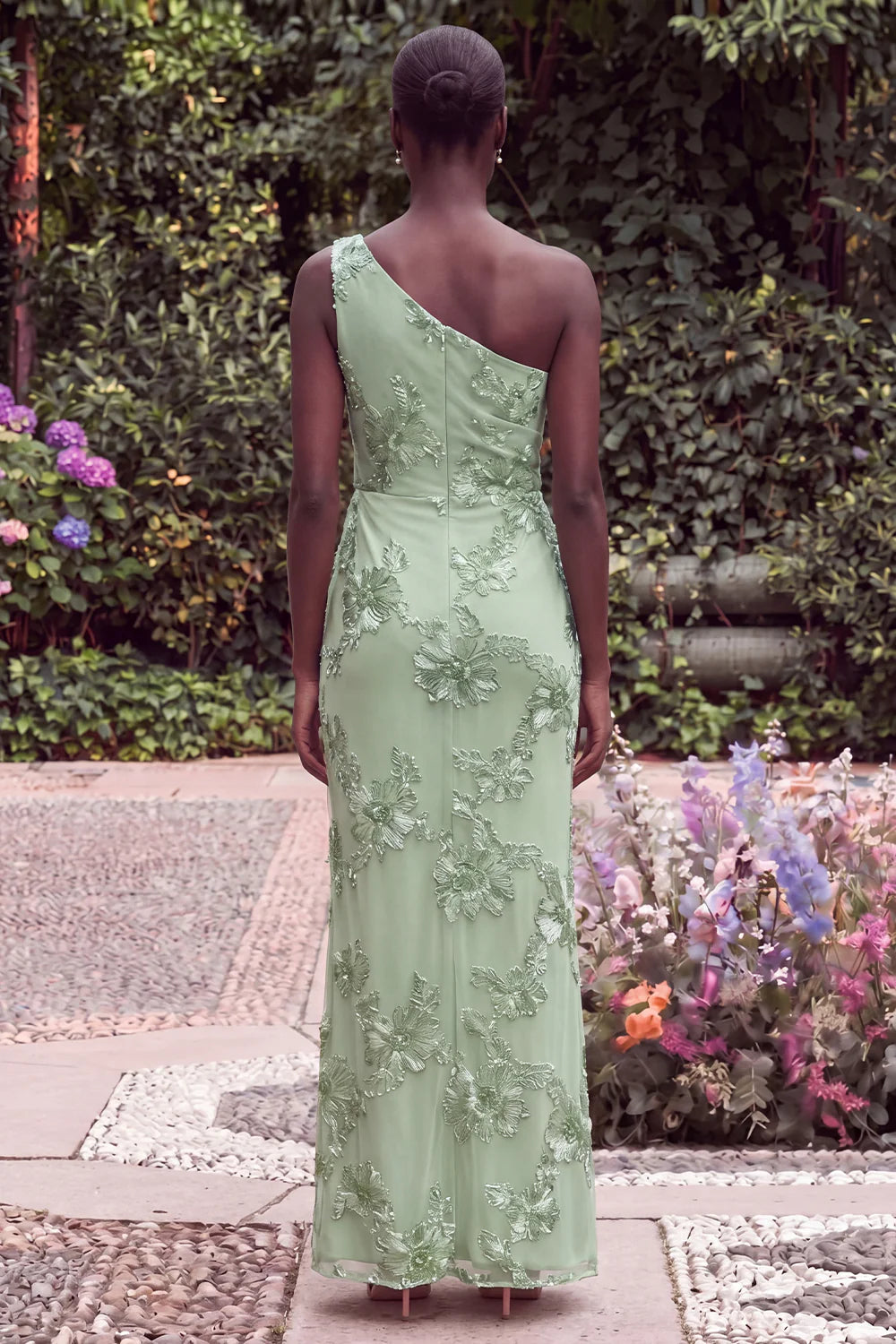 Sage Floral Embroidery One Shoulder Mermaid Wedding Guest Dress