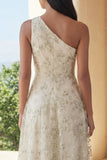 One Shoulder Floral Light Green A Line Wedding Guest Dress