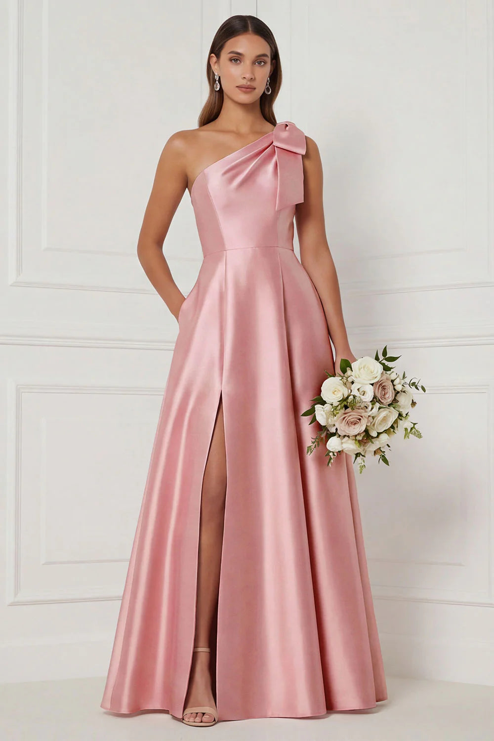 One Shoulder A Line Satin Pink Bridesmaid Dress with Slit