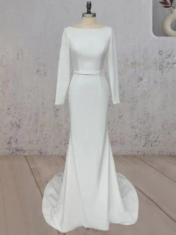 Mermaid Scoop Neck V Back Satin Wedding Dress