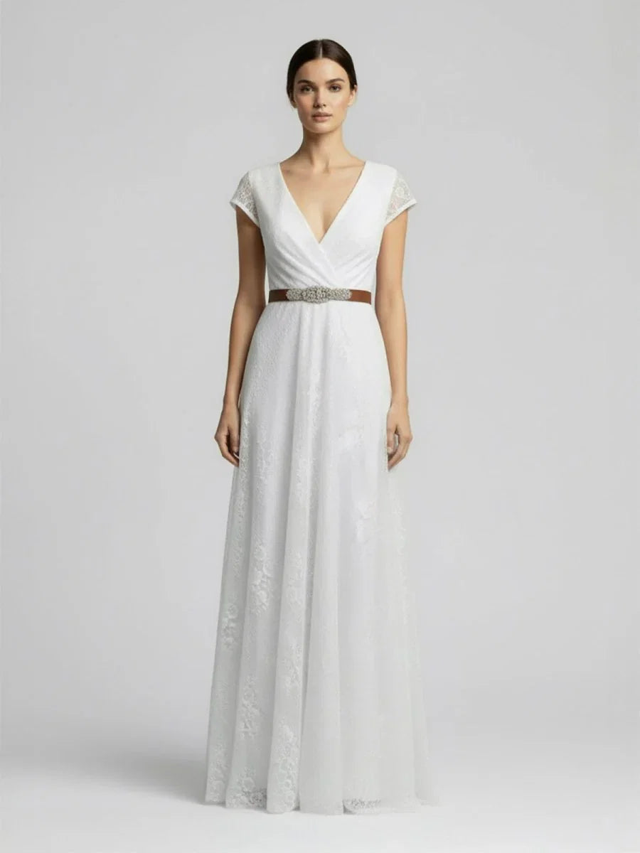 Short Sleeve V neck Pleated Long Lace Wedding Dress