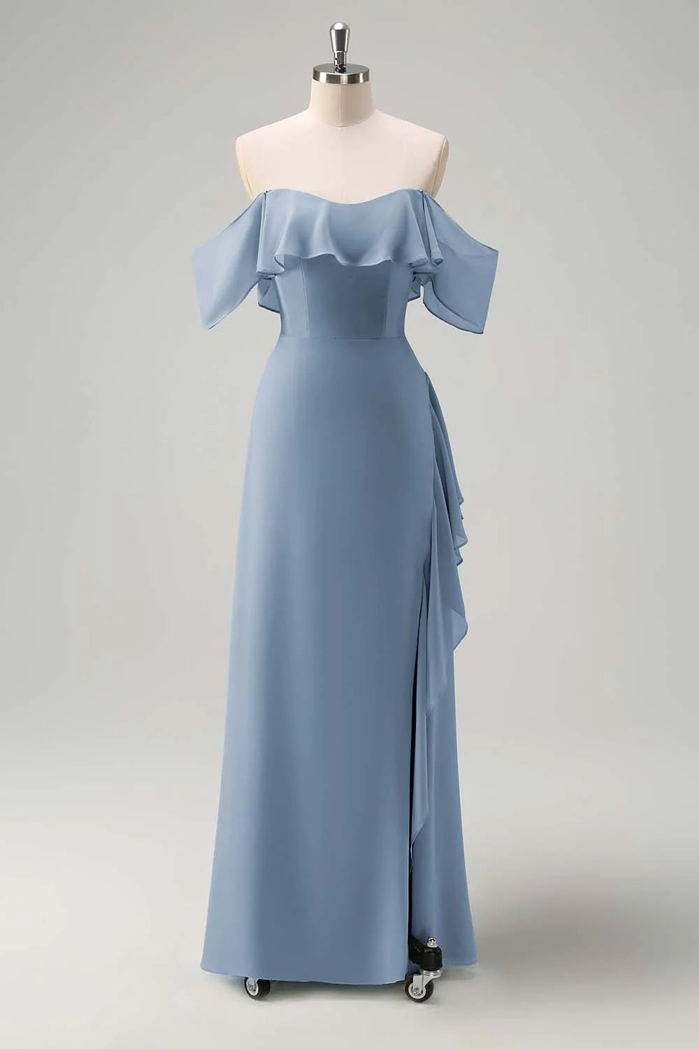 Light Green Sheath Off The Shoulder Chiffon Long Bridesmaid Dress with Ruffle Slit