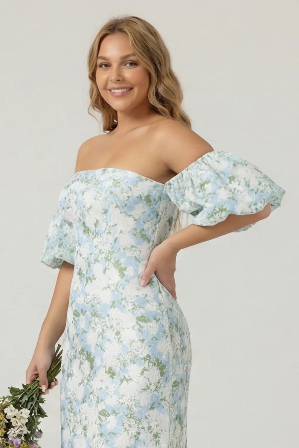 Blue White Flower Mermaid Strapless Satin Plus Size Bridesmaid Dress with Removable Sleeves