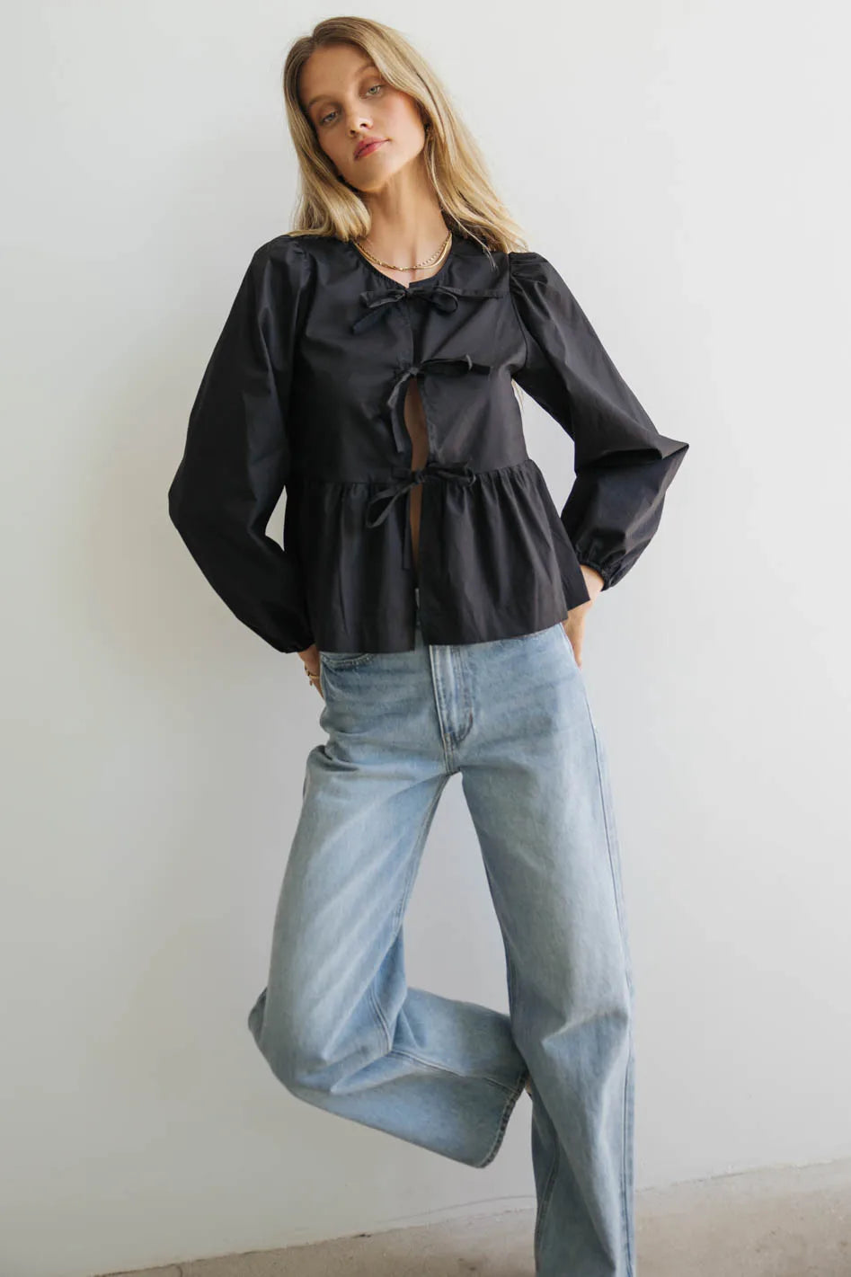 Maggie Peplum Tie Blouse in Black FINAL SALE