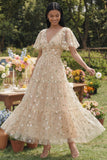 Floral Champagne A Line Wedding Guest Dress with Short Sleeves