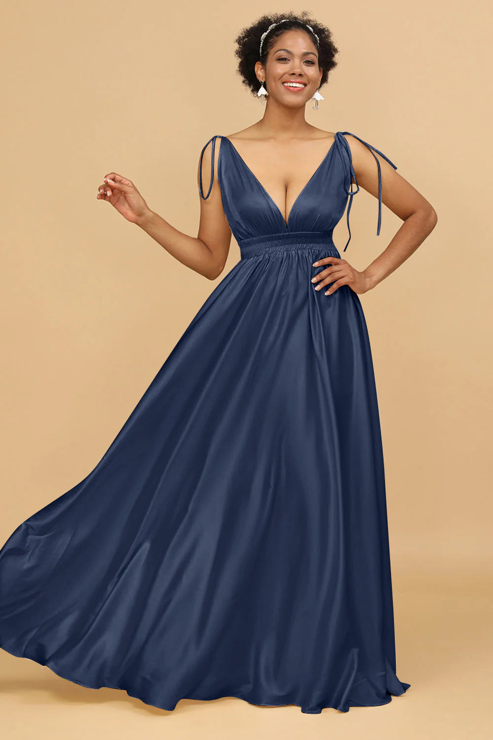 A Line Deep V Neck Backless Floor Length Bridesmaid Dress