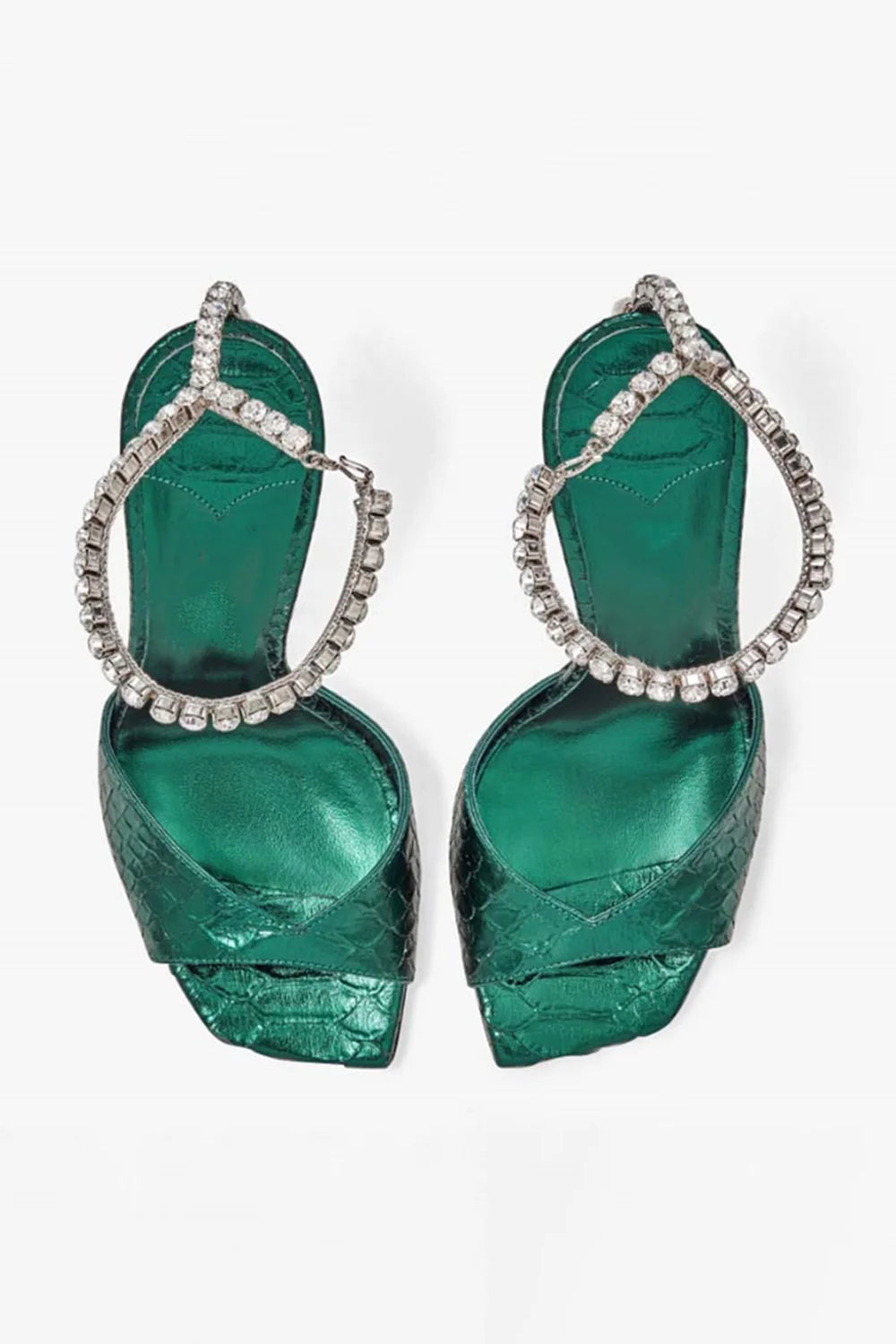 Emerald Croc Embossed Stiletto Heels with Crystal Ankle Strap