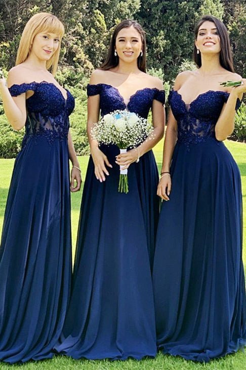 Indigo Lace Off the Shoulder A Line Long Bridesmaid Dress