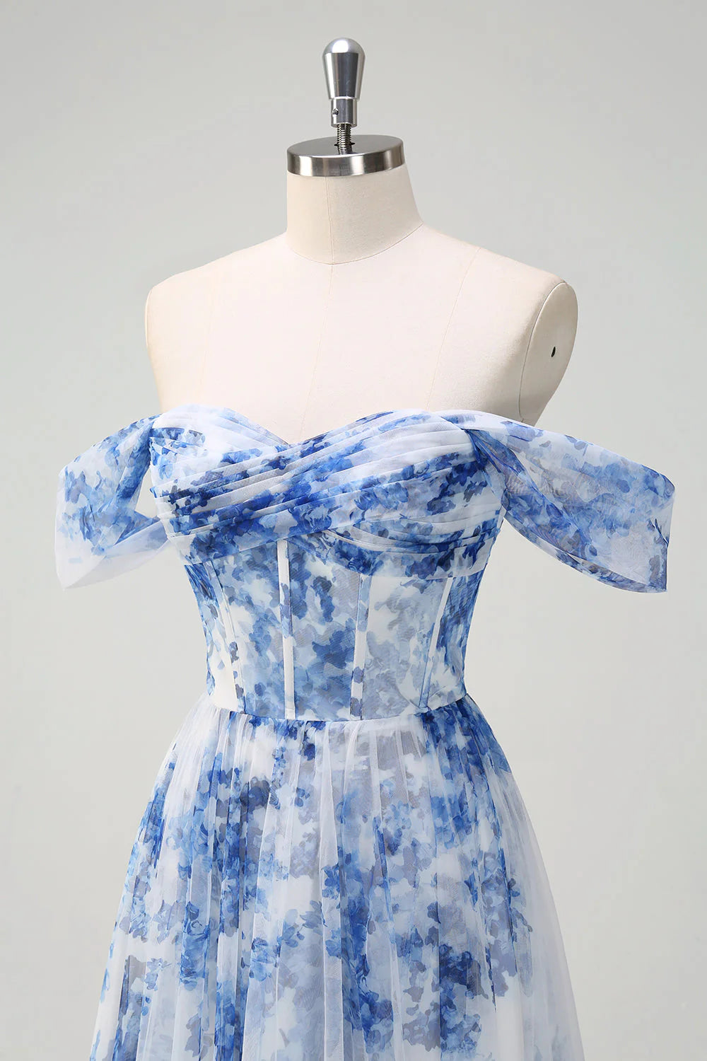 White Blue Flower A Line Off the Shoulder Ruched Corset Maxi Dress with Slit