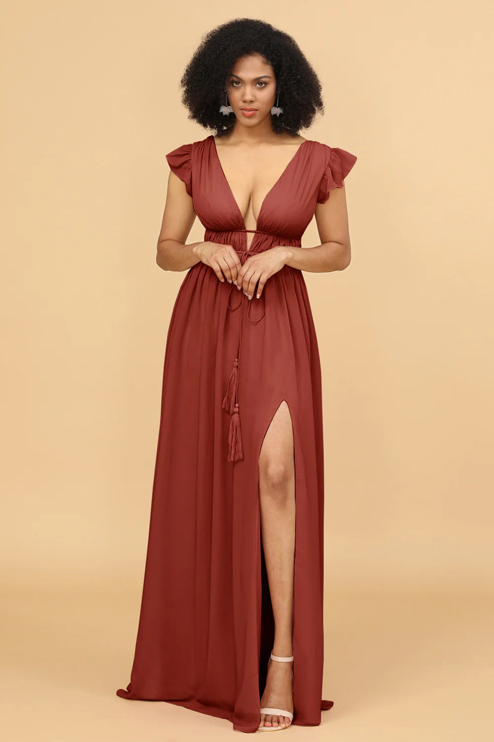 A Line Deep V Neck Long Chiffon Bridesmaid Dress with Slit