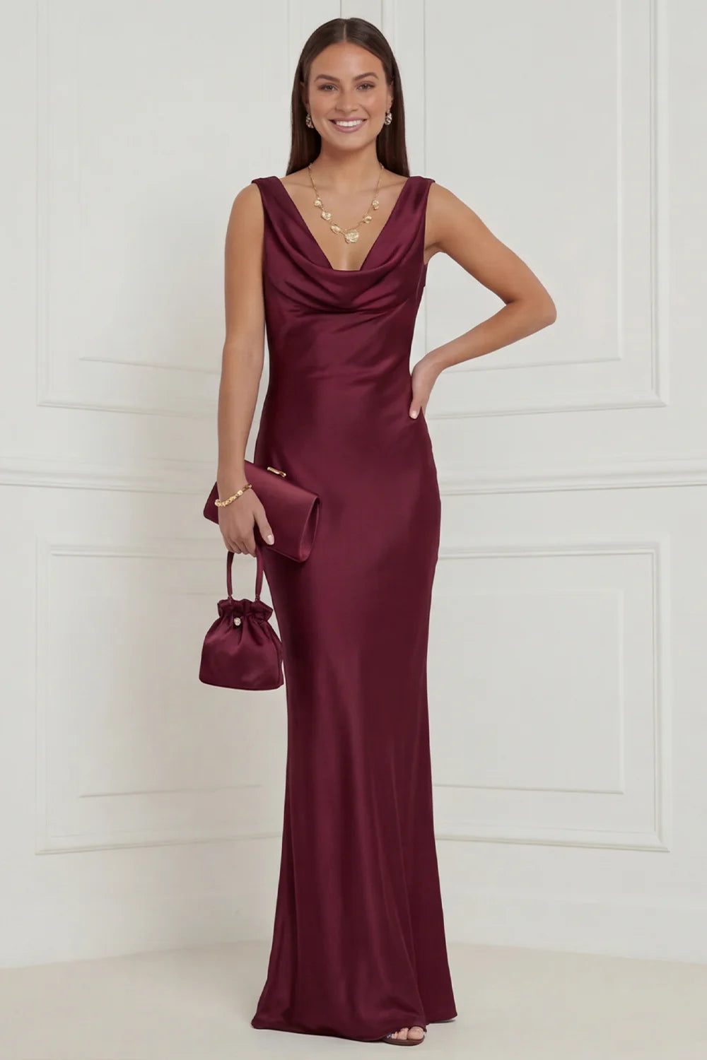 Champagne Mermaid Cowl Neck Satin Maxi Dress