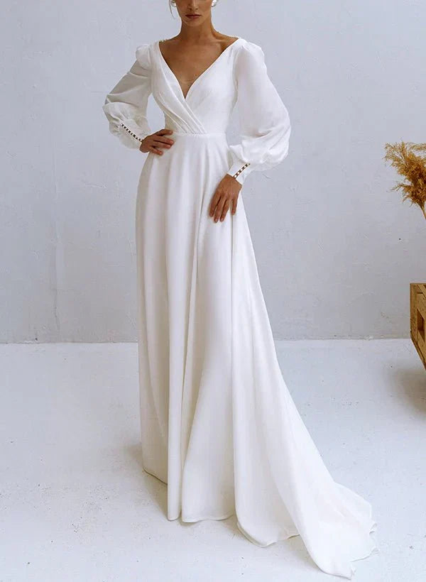 A Line V Neck Long Sleeves Chiffon Wedding Dresses With Beading