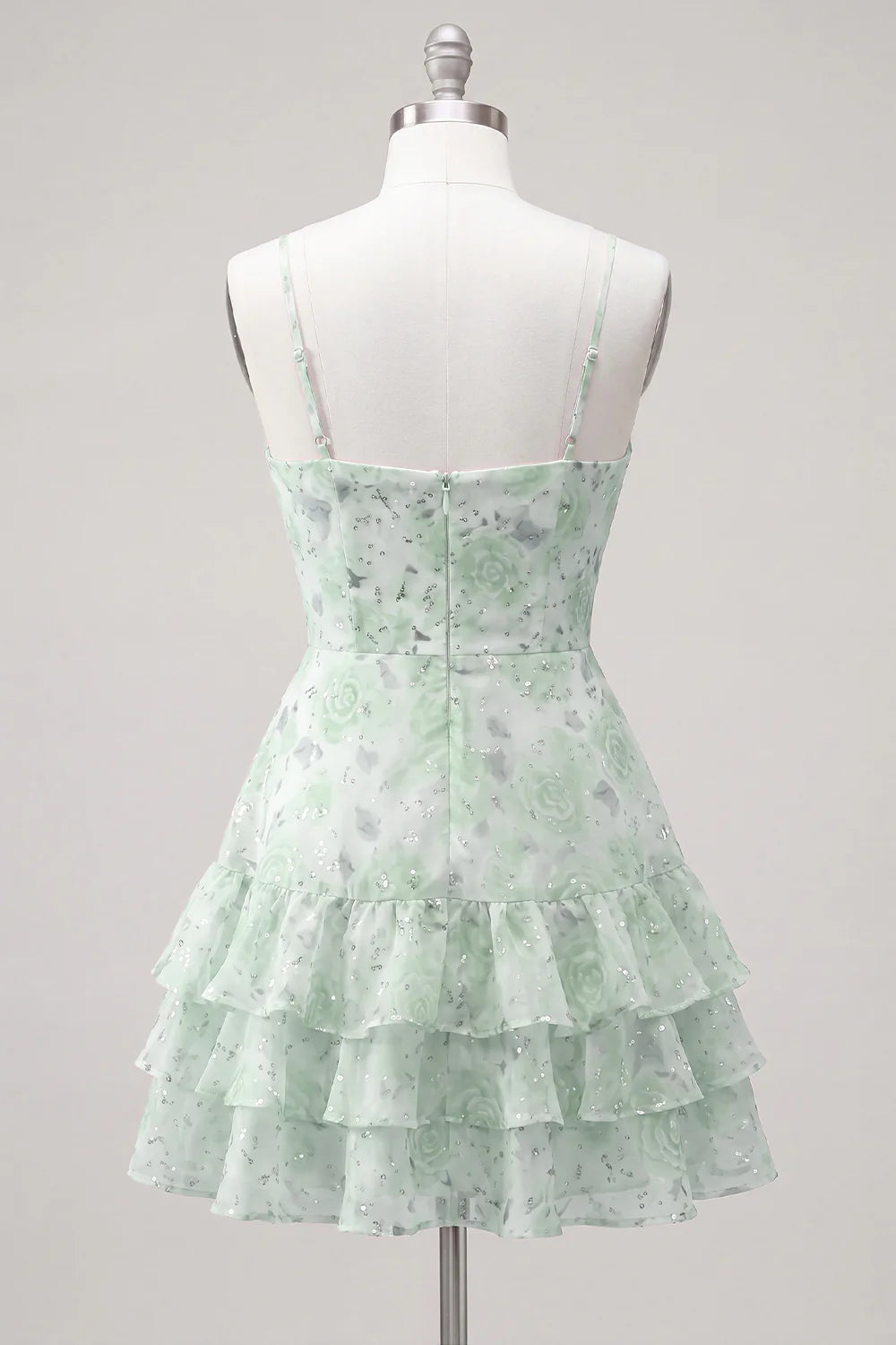Floral Light Green Tiered Ruffle A Line Short Homecoming Dress