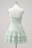 Floral Light Green Tiered Ruffle A Line Short Homecoming Dress