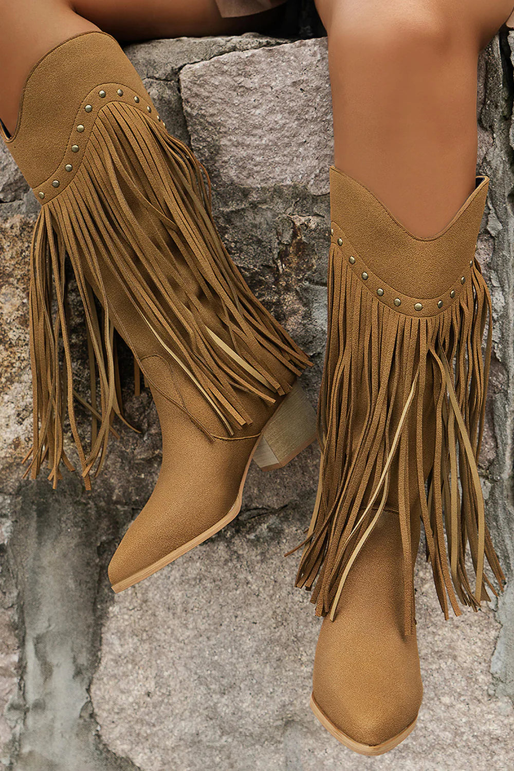 Black Fringe Studded Mid Calf Cowboy Boots