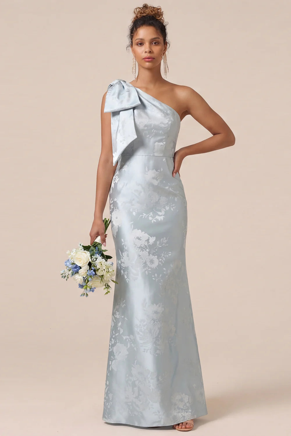 Blush Pink Mermaid One Shoulder Floral Long Bridesmaid Dress with Bow