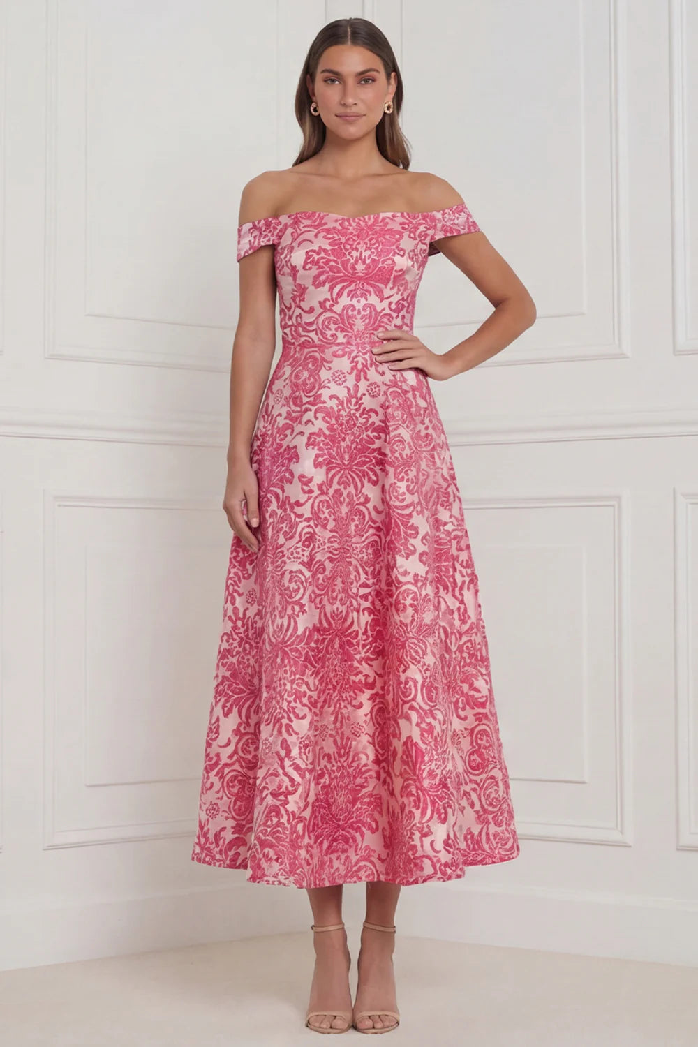 Hot Pink A Line Off the Shoulder Jacquard Midi Wedding Guest Dress