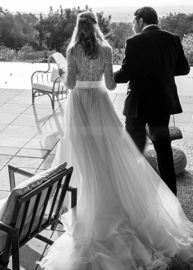 Luxurious Lace Beading Long Sleeves A Line Pleated Tulle Wedding Dresses