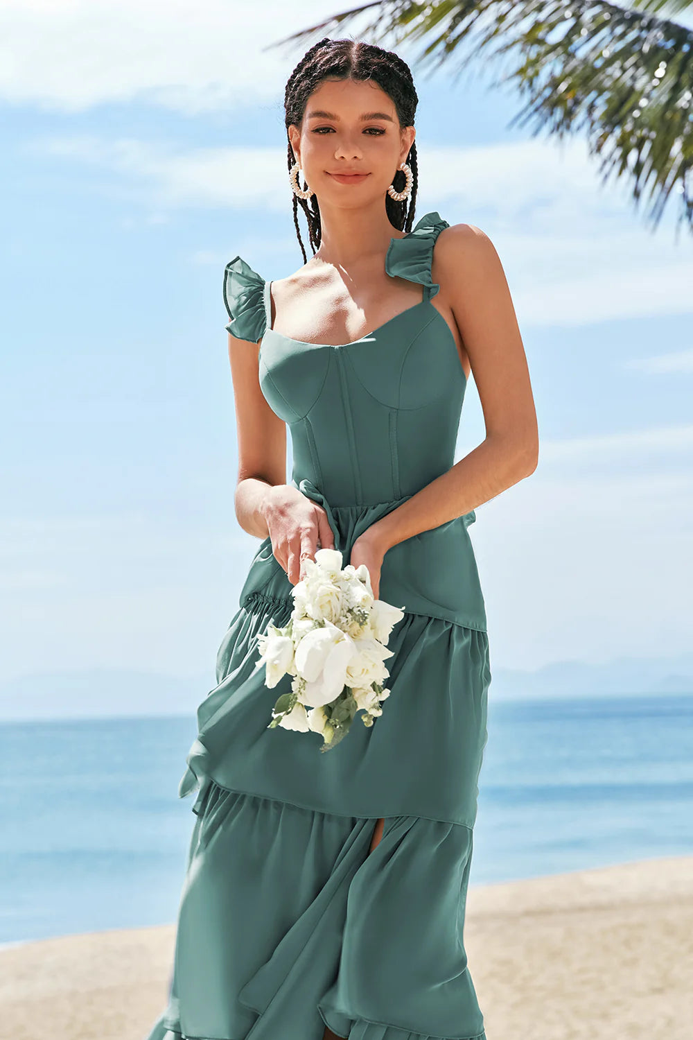 Eucalyptus A Line Tiered Ruched Corset Long Bridesmaid Dress with Slit