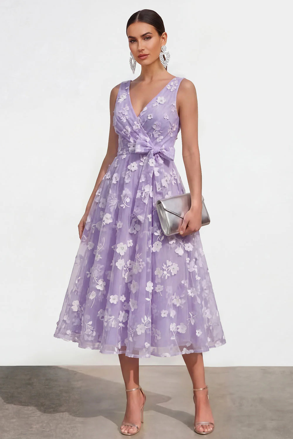 Blue Floral A Line Midi Wedding Guest Dress with Bow