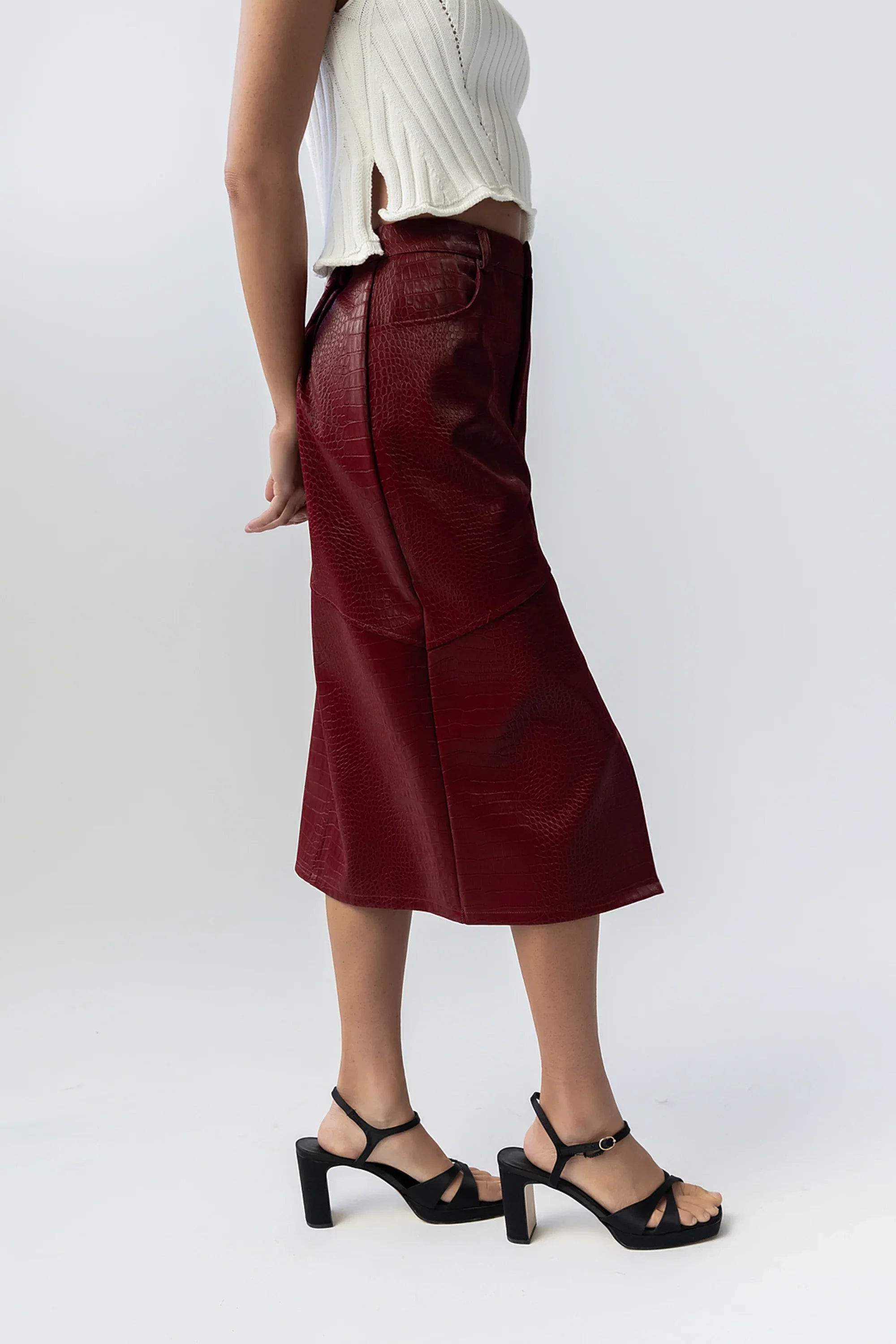 Walter Vegan Leather Midi Skirt in Wine