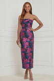 Strapless Fuchsia Sheath Floral Midi Wedding Guest Dress with Bow