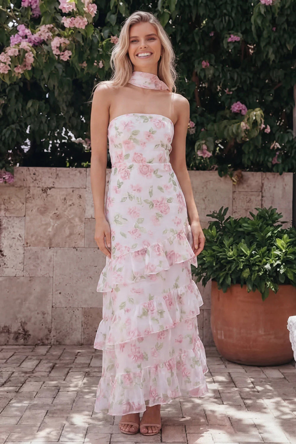 Pink Floral Ruffle Strapless Wedding Guest Dress with Sash