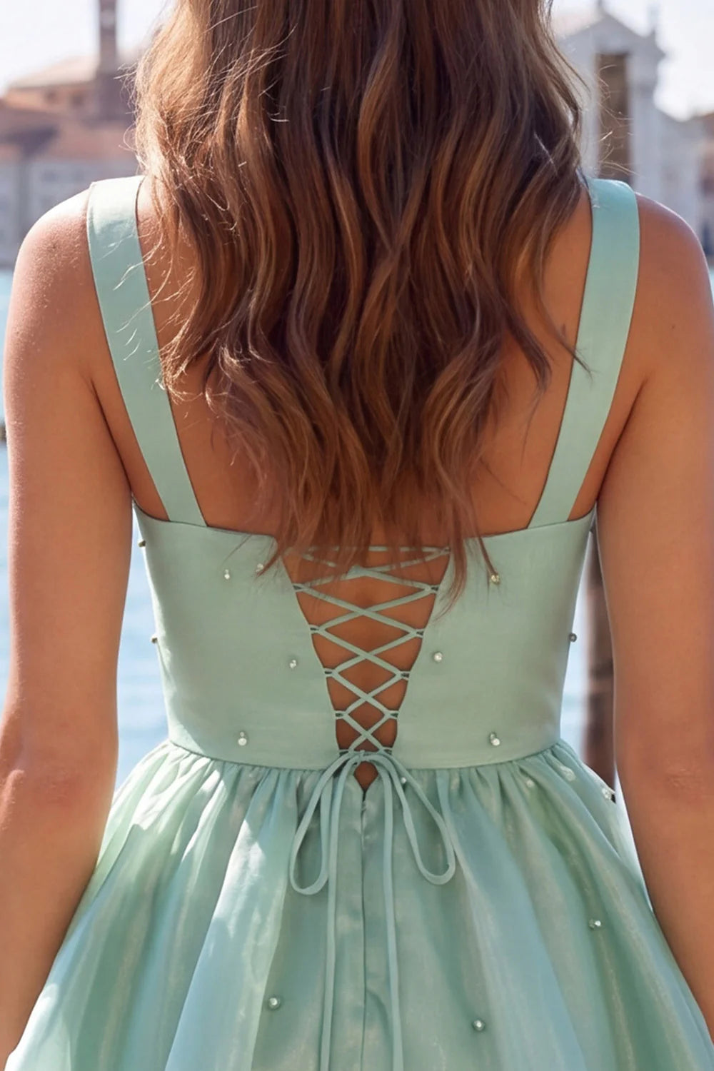 Sage Green V Neck A Line Homecoming Dress with Pearls