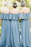 Dusty Blue A Line Off the Shoulder Long Chiffon Boho Bridesmaid Dress