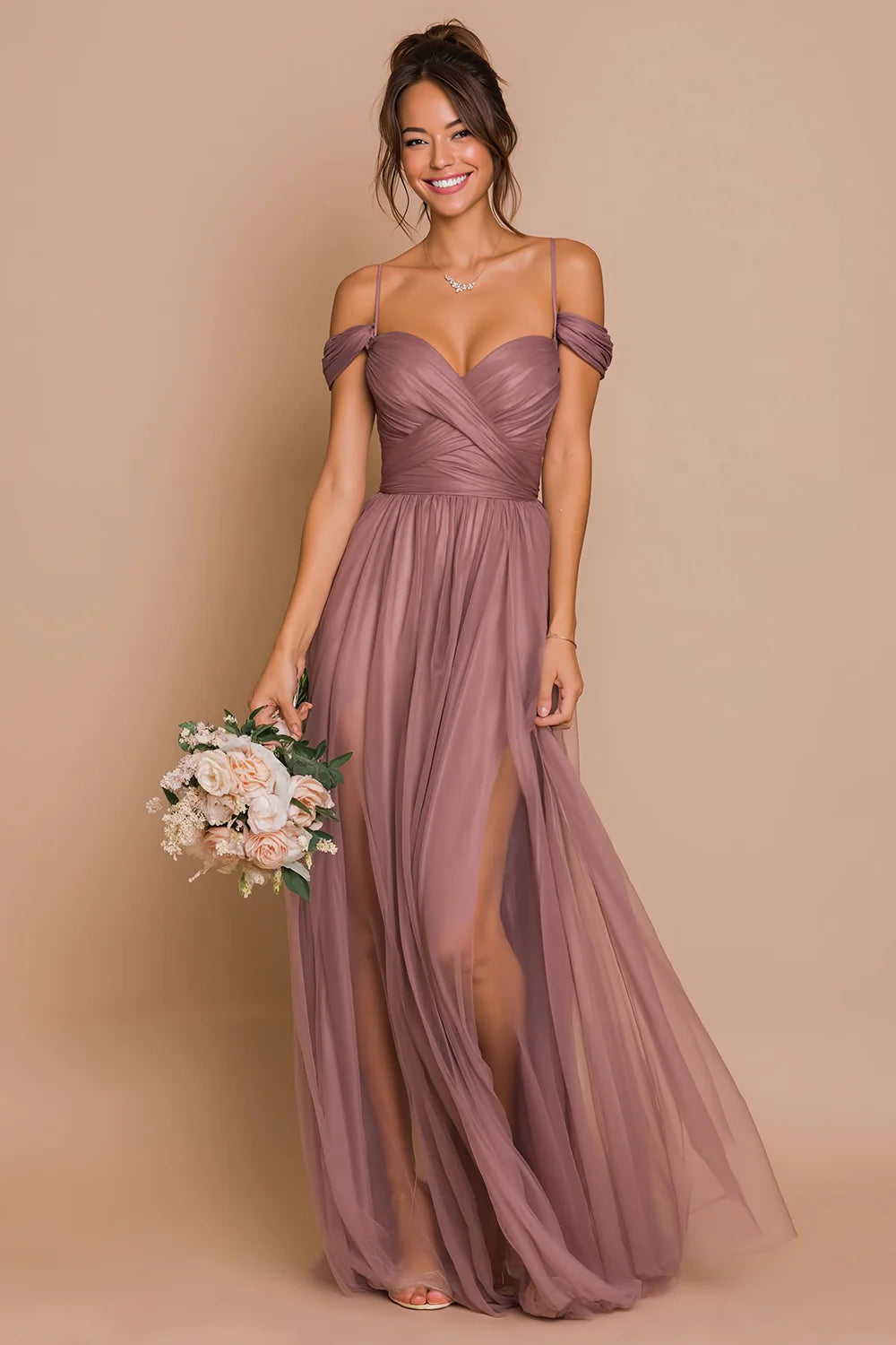 Cold Shoulder A Line Desert Rose Ruched Chiffon Bridesmaid Dress with Slit